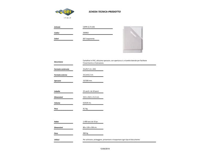 Cartelline a L in PVC Sei Rota Capri 61 R altissimo spessore - trasparente A4 - conf. 10 pezzi - 26006200