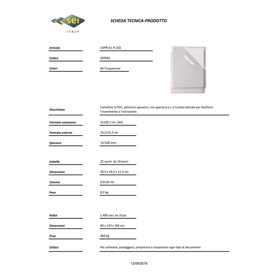 Cartelline a L in PVC Sei Rota Capri 61 R altissimo spessore - trasparente A4 - conf. 10 pezzi - 26006200
