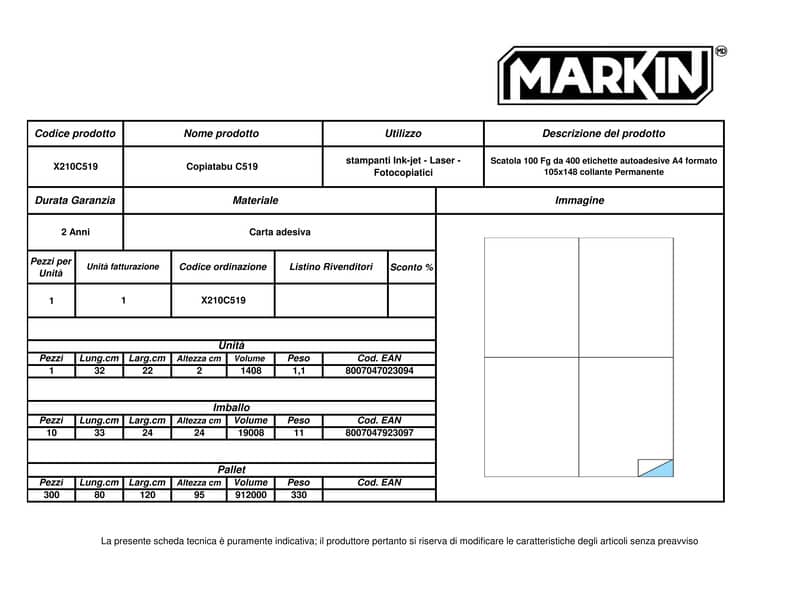 Etichette bianche MARKIN Copiatabu permanenti 105x148,5mm senza margine - 4 et./foglio - conf. 100 fogli - X210C519