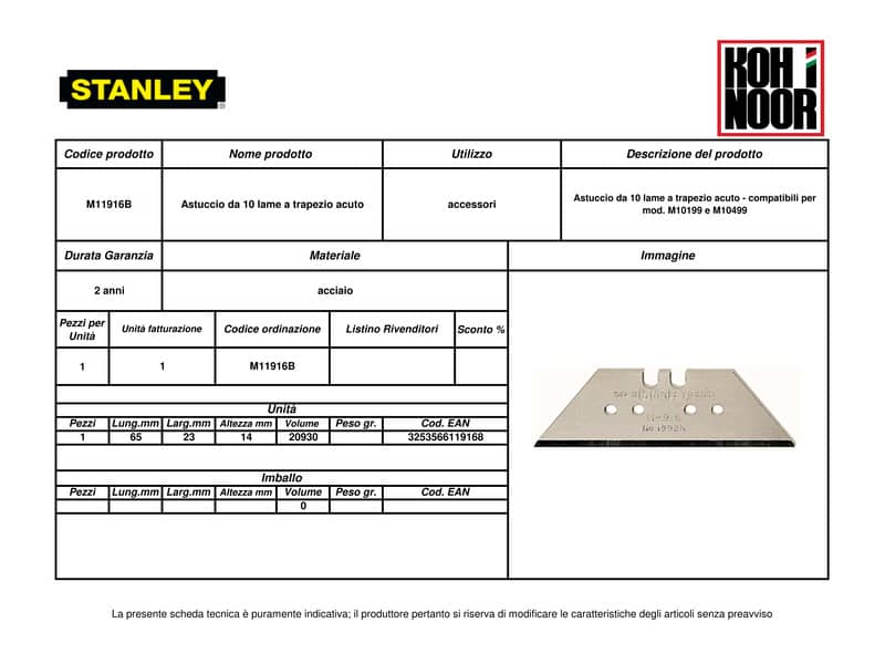 Lame per cutter STANLEY a trapezio acuto base 61-33 mm - h 19 mm spessore 0,6 mm astuccio 10 lame - M11916B