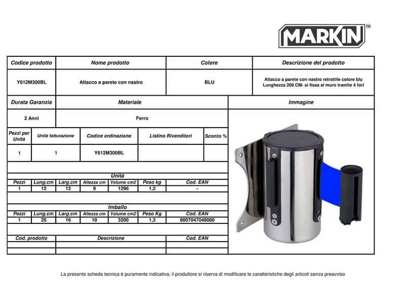 Attacco murale con nastro retrattile MARKIN blu - 21x16x9 cm Y612M300BL