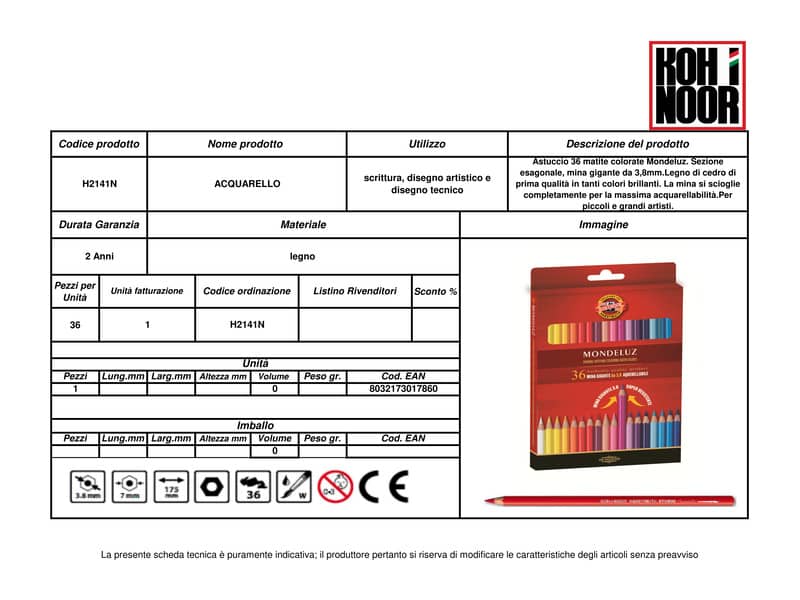 Astuccio matite multicolore KOH-I-NOOR legno di cedro 36 matite - H2141N