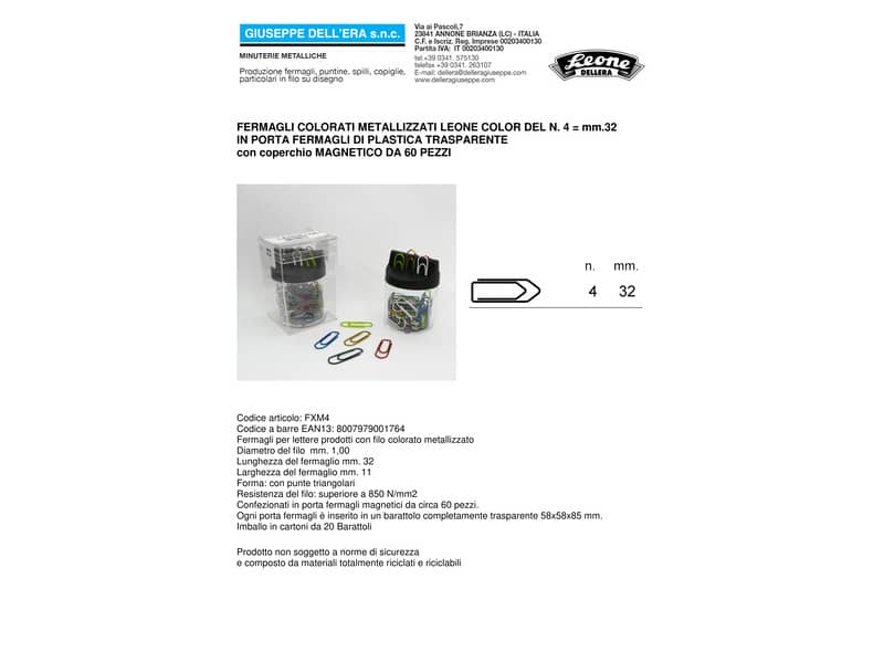 Fermagli Leone Dell'Era in filo colorato metallizzato N. 4 Assortiti barattolo calamitato da 60 pz. - FXM4