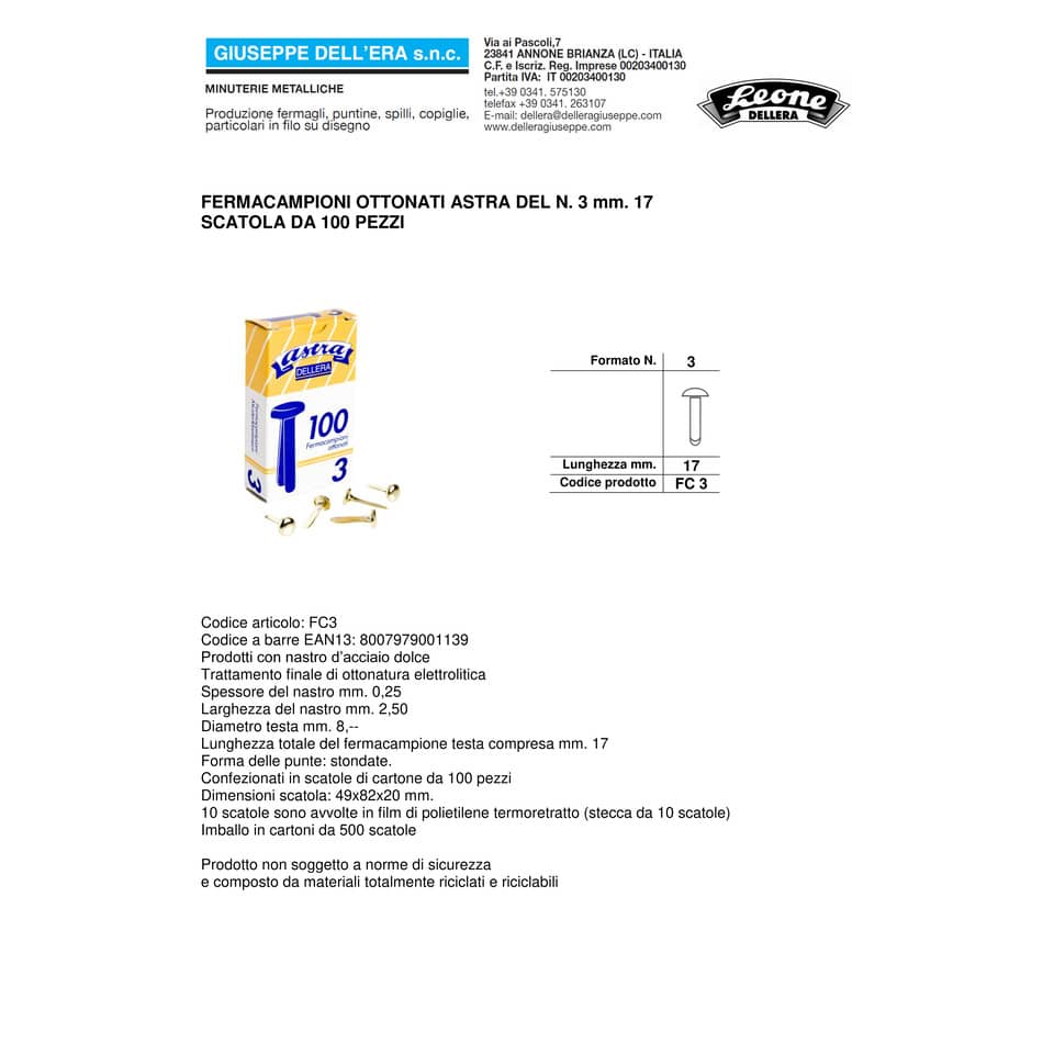Fermacampioni Leone Dell'Era in acciaio testa bombata N.3 16 mm ottone scatola da 100 pz. - FC3