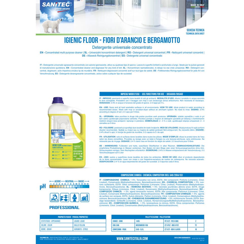 Detergente concentrato per pavimenti Sanitec Igenic Floor Fiori d'arancio & Bergamotto - 5 L - 1435