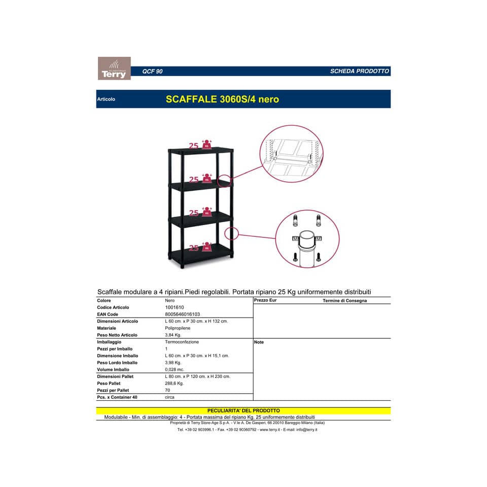 EC - Scaffale a 4 ripiani TERRY Modulo 3060S/4 60x30x132 cm nero 1001610