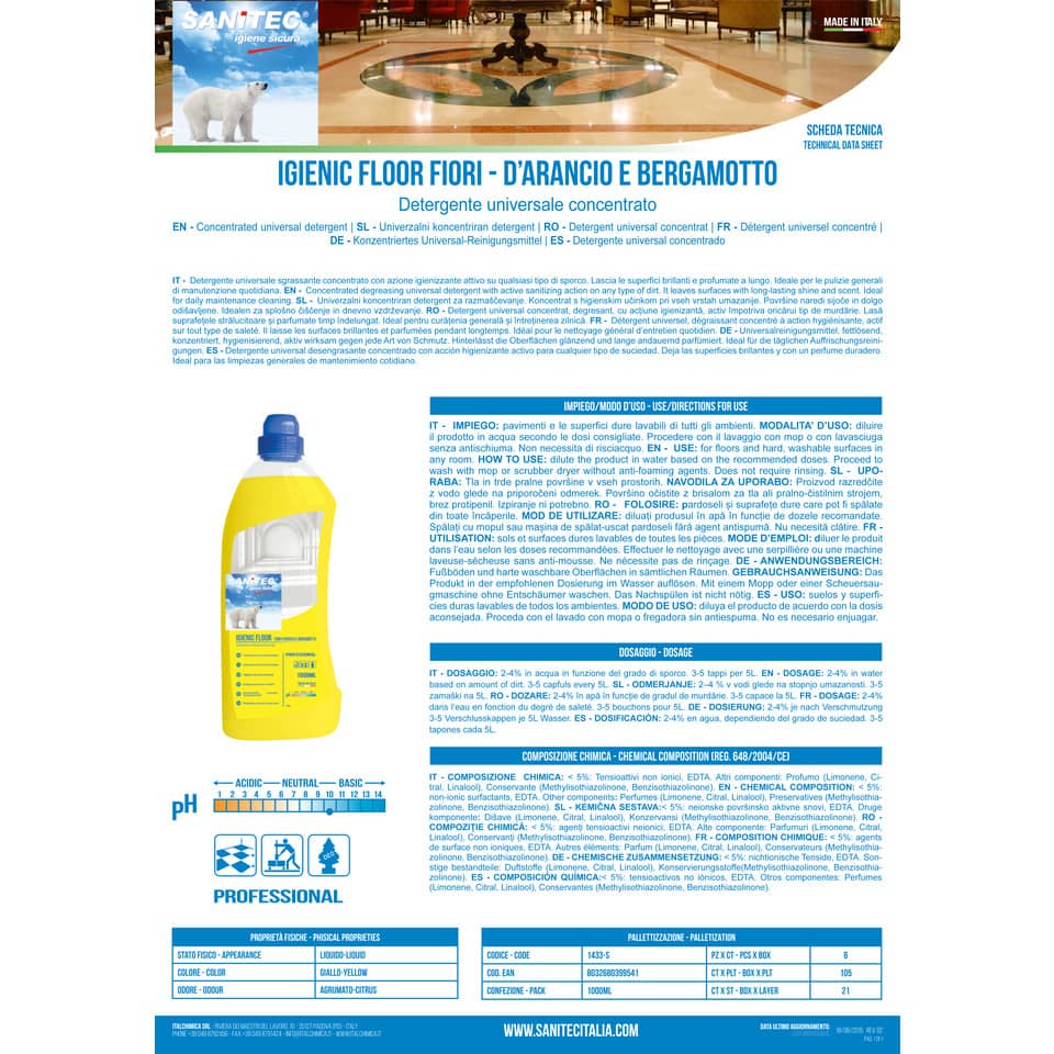 Detergente concentrato per pavimenti Sanitec Igenic Floor Fiori d'arancio & Bergamotto - 1000 ml - 1433-S