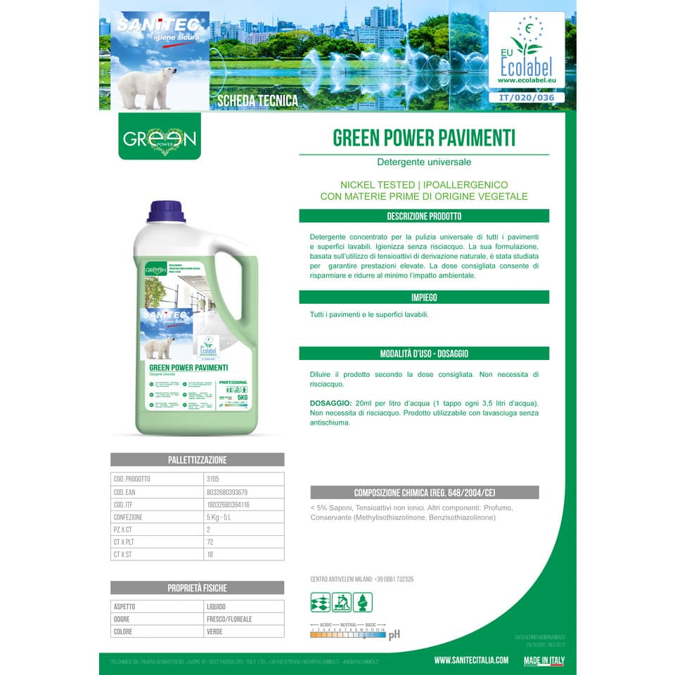 Detergente ecologico per pavimenti Sanitec Green Power 5 kg 3105