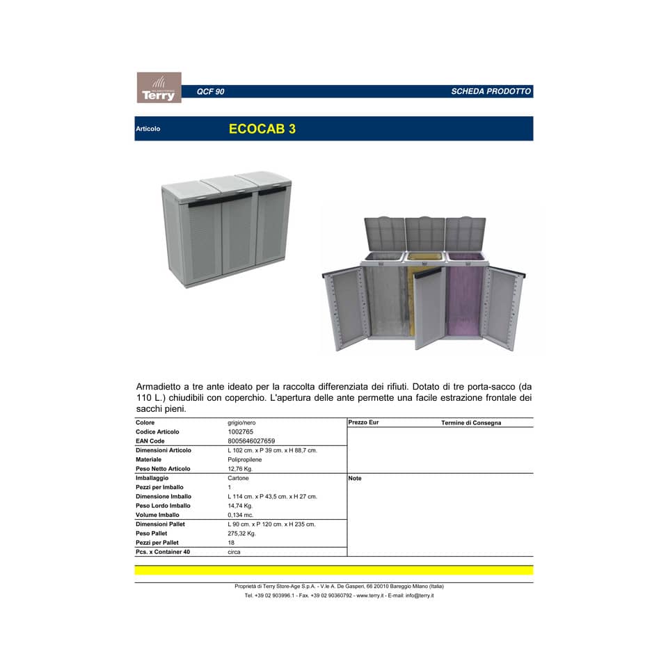 Armadietto a tre ante raccolta rifiuti TERRY EcoLine 3 - compatibile con contenitori serie ecobin - 1003056