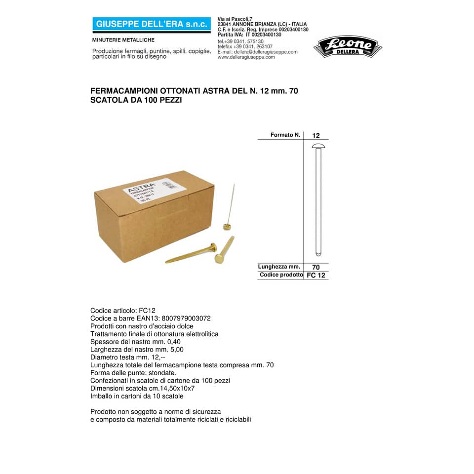 Fermacampioni Leone Dell'Era in acciaio testa bombata N. 12 70 mm ottone scatola da 100 pz. - FC12