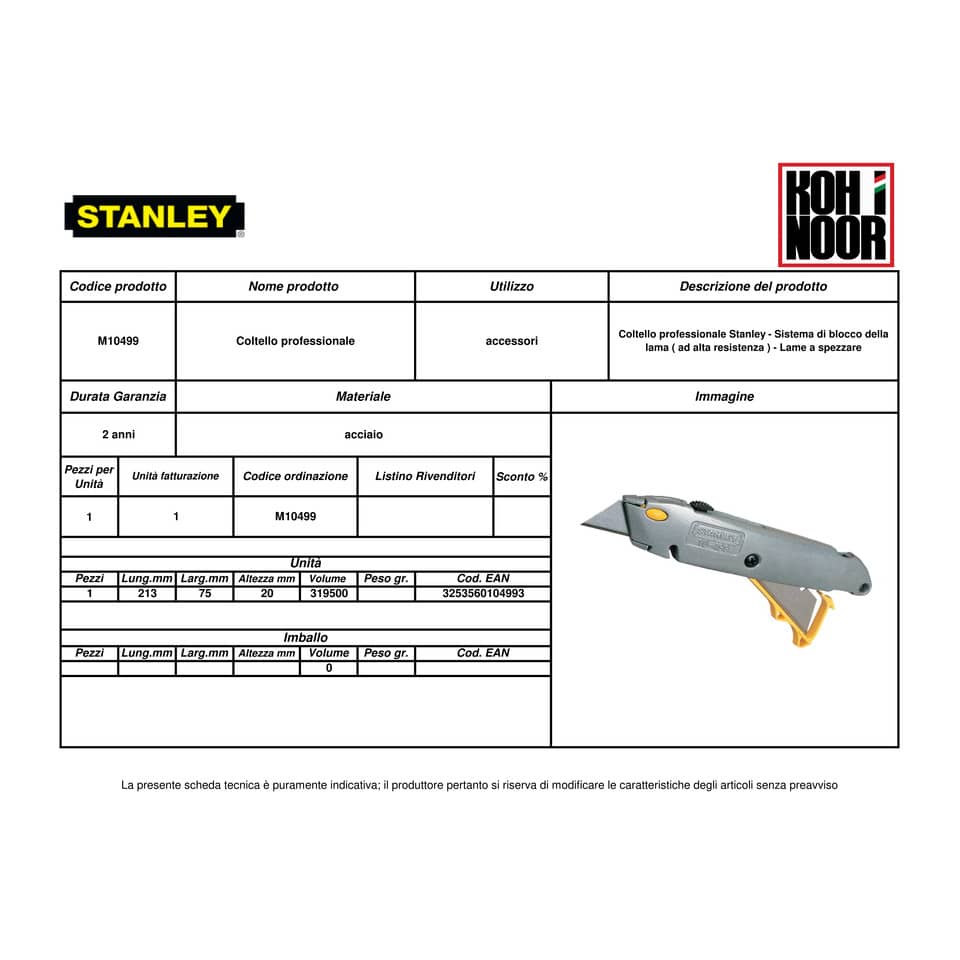 Cutter professionale STANLEY lama regolabile in 3 posizioni M10499