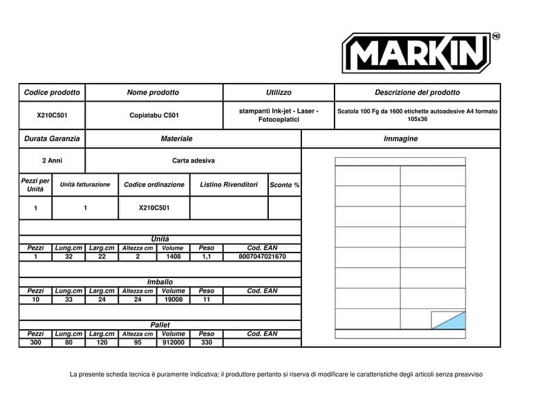 Etichette bianche MARKIN Copiatabu permanenti 105x36 mm con margine - 16 et./foglio - conf. 100 fogli - X210C501