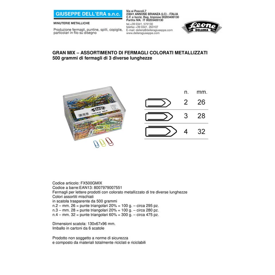 Fermagli Leone Gran Mix in filo colorato metallizzato misure assortite scatola da 500 g FX500GMIX