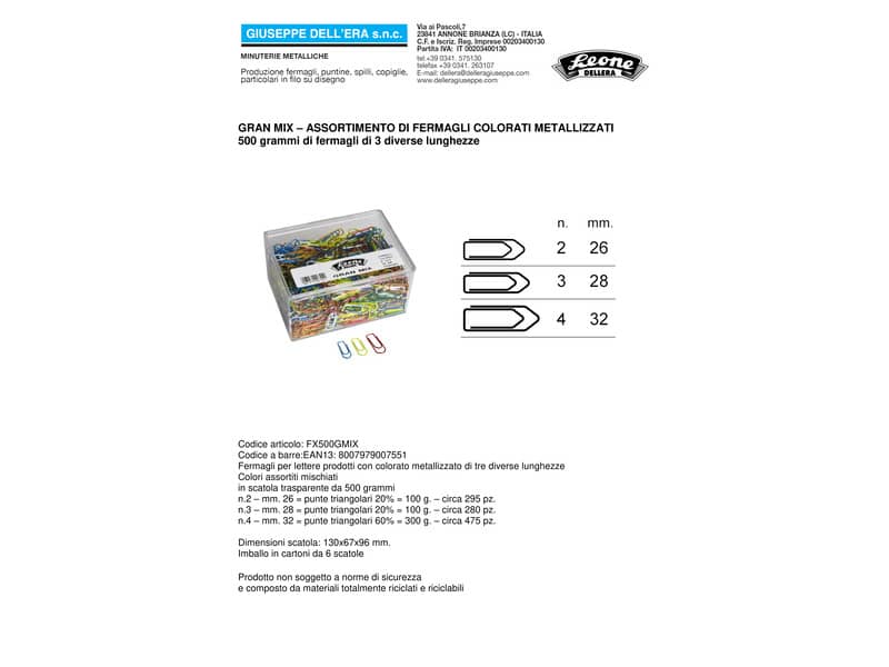 Fermagli Leone Gran Mix in filo colorato metallizzato misure assortite scatola da 500 g FX500GMIX