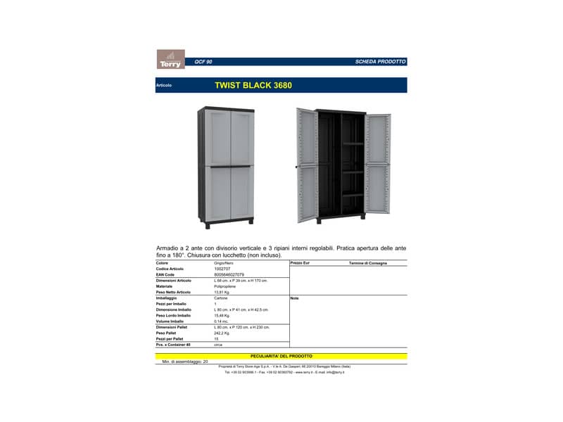 Armadietto a due ante TERRY Twist Black 3680 grigio/nero 68x39x170 cm 1002707