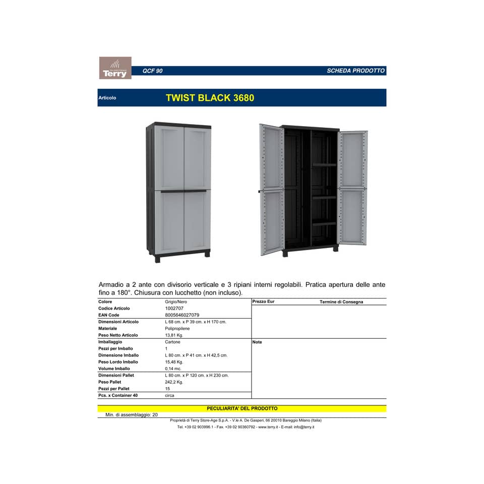 Armadietto a due ante TERRY Twist Black 3680 grigio/nero 68x39x170 cm 1002707