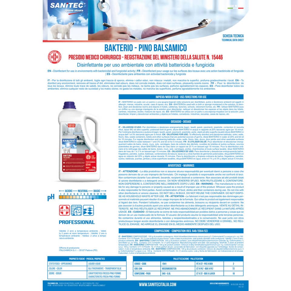 Disinfettante multisuperficie Sanitec Bakterio 5000 ml - pino balsamico 1541