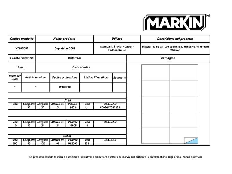 Etichette bianche MARKIN Copiatabu permanenti 105x59,4 mm senza margine 10 et./foglio - conf. 100 fogli - X210C507