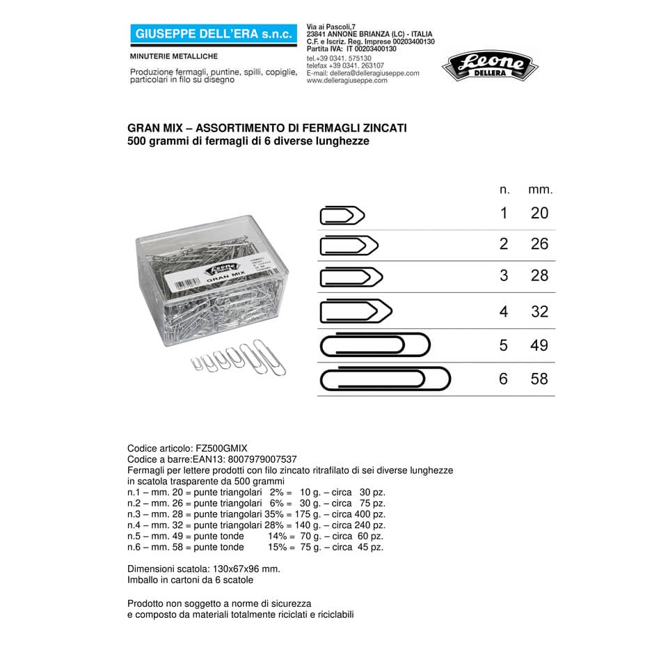Fermagli Leone filo zincato ritrafilato Gran Mix misure assortite zinco brillante scatola da 500 g FZ500GMIX