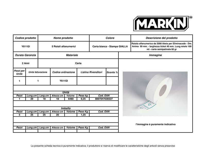 Rotoli tickets per eliminacode MARKIN giallo - Ø113x40 mm conf.5 - Y611GI