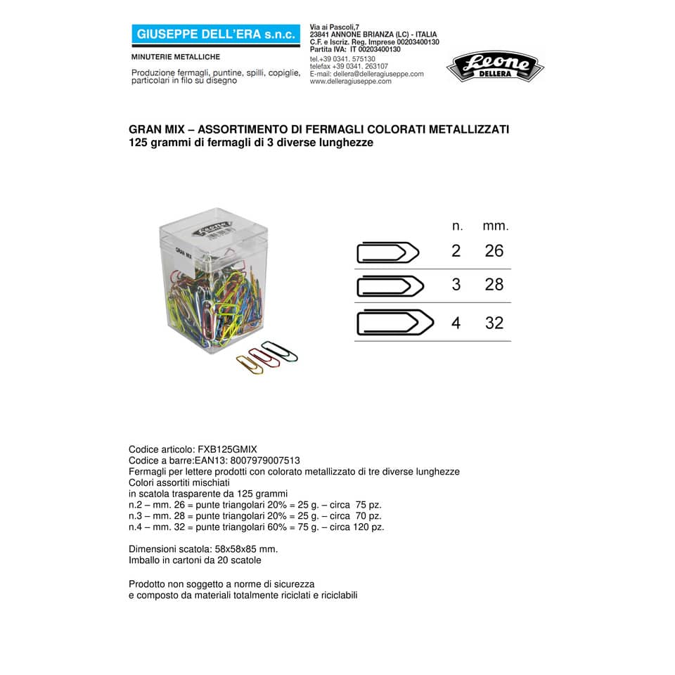 Fermagli Leone in filo colorato metallizzato Gran Mix misure assortite scatola da 125 g. - FXB125GMIX