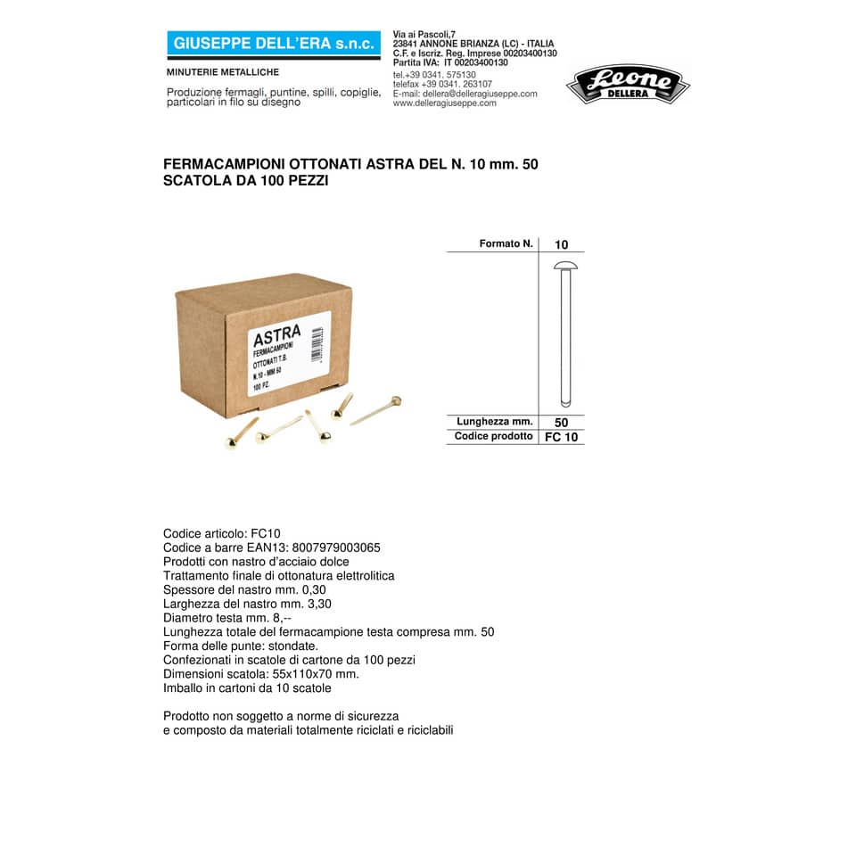 Fermacampioni Leone Dell'Era in acciaio testa bombata N. 10 51 mm ottone scatola da 100 pz. - FC10