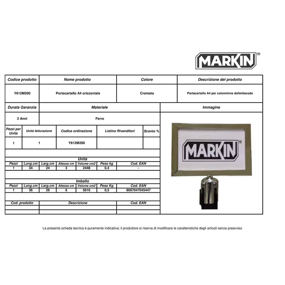 Porta cartello MARKIN orizzontale A4 per separacode Y612M200
