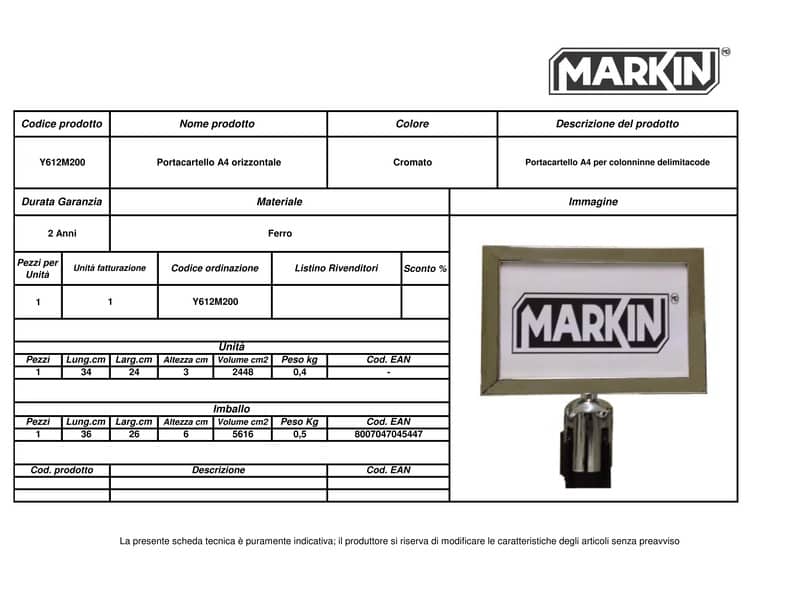 Porta cartello MARKIN orizzontale A4 per separacode Y612M200