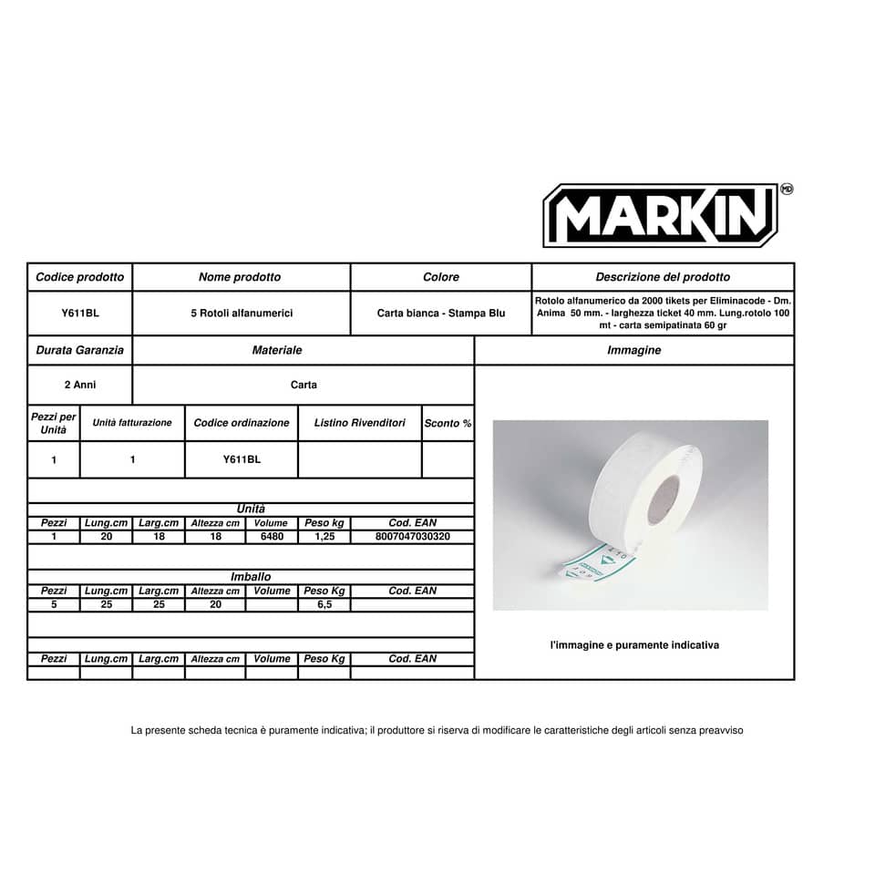 Rotoli tickets per eliminacode MARKIN blu - Ø113x40 mm conf.5 - Y611BL