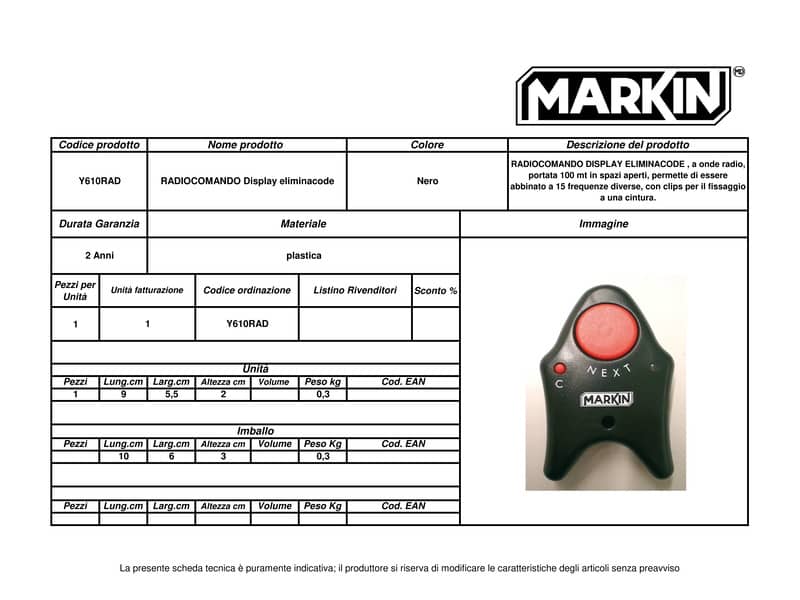 Radiocomando per eliminacode MARKIN 100x60x25mm Y610RAD