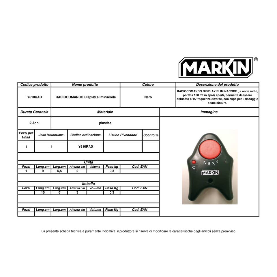 Radiocomando per eliminacode MARKIN 100x60x25mm Y610RAD