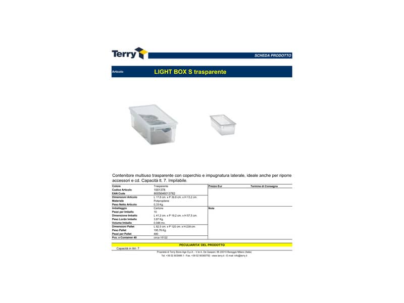 Contenitore multiuso TERRY Light Box S 7 lt. trasparente 17,8x39,6x13,2 cm 1001378