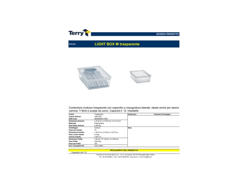 Contenitore multiuso TERRY Light Box M 12 lt. trasparente 27,8x39,6x13,2 cm 1001379