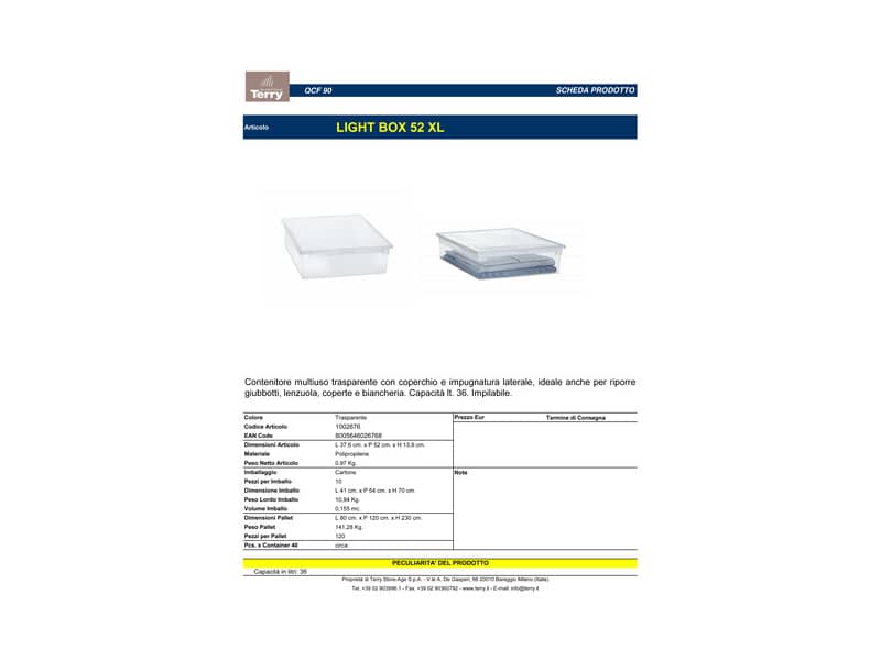 Contenitore multiuso TERRY Light Box 52 22 lt. trasparente 37,6x52x13,9 cm 1002676