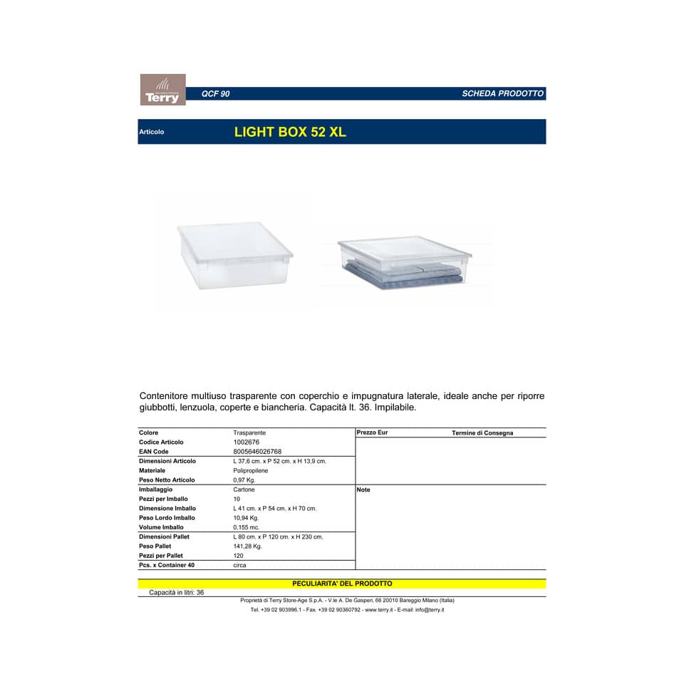 Contenitore multiuso TERRY Light Box 52 22 lt. trasparente 37,6x52x13,9 cm 1002676