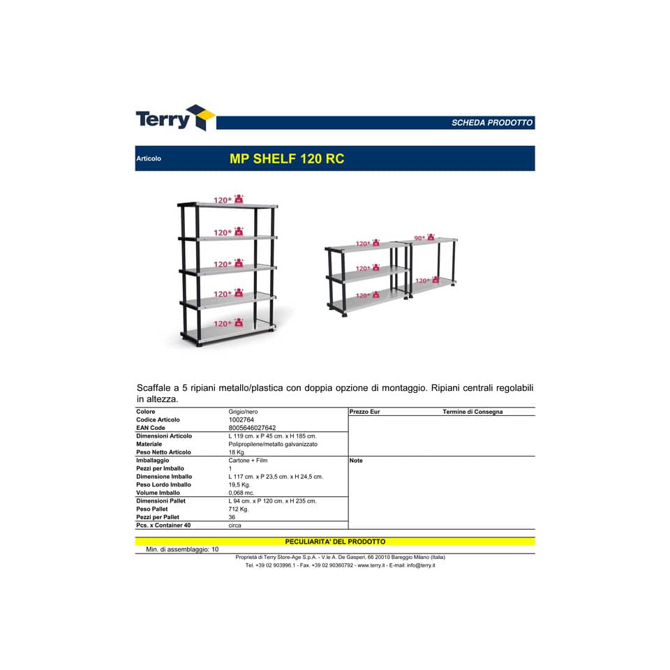 Scaffale a 5 ripiani TERRY MP Shelf 120RC grigio/nero 1002764