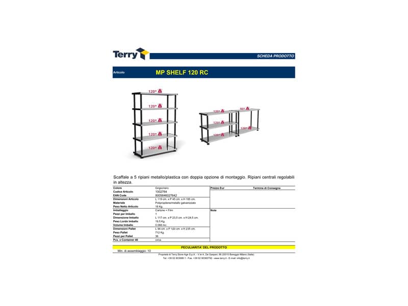 Scaffale a 5 ripiani TERRY MP Shelf 120RC grigio/nero 1002764