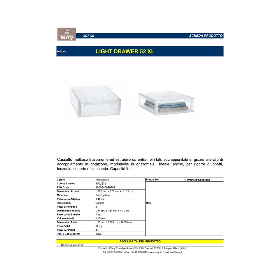 Cassetto multiuso TERRY Light Drawer 52 XL 22 lt. trasparente - 52x39,6x16,9 cm 1002678