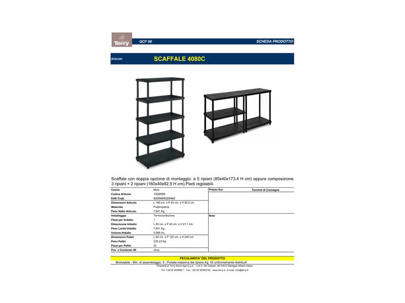 EC - Scaffale a 5 ripiani TERRY Modulo 4080/5C 80x40x173,4 H cm nero 1002694