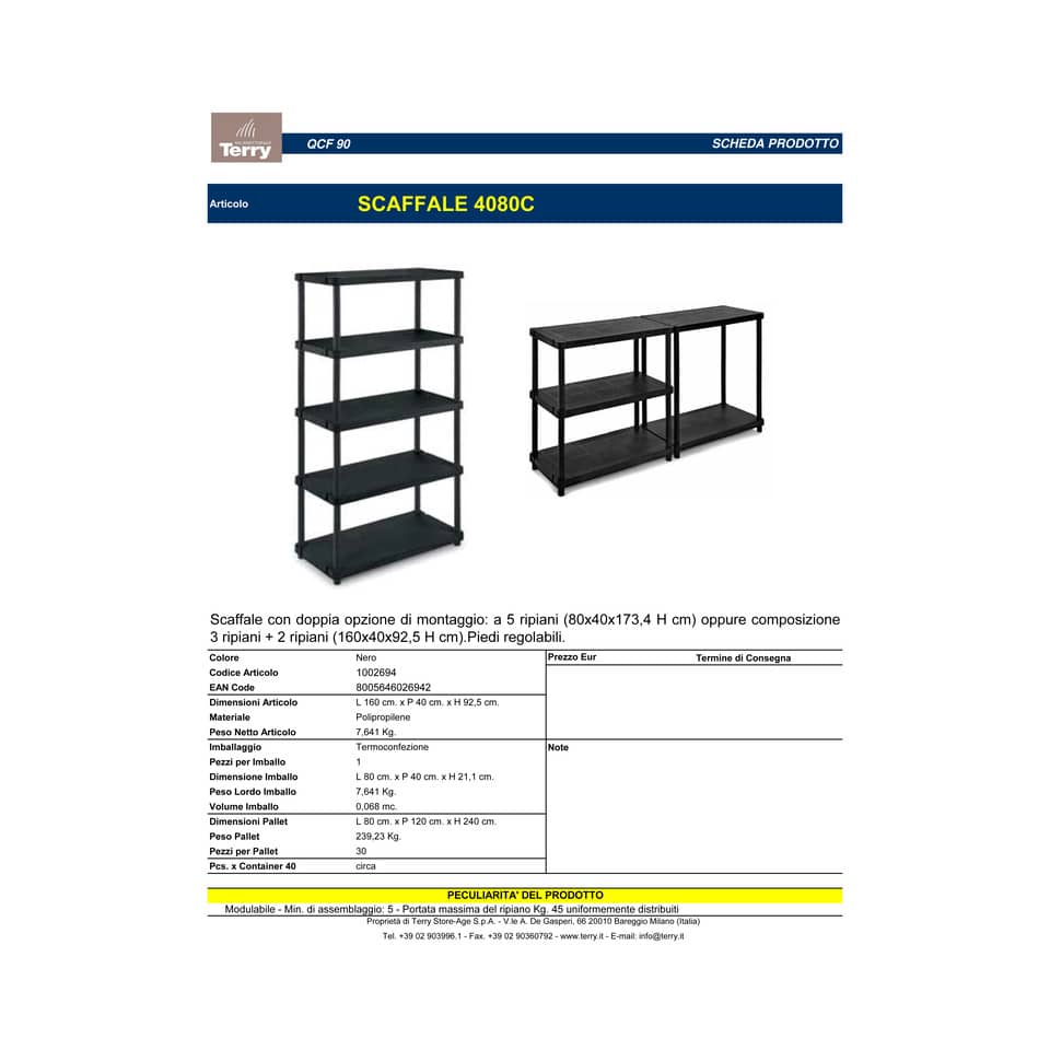 EC - Scaffale a 5 ripiani TERRY Modulo 4080/5C 80x40x173,4 H cm nero 1002694