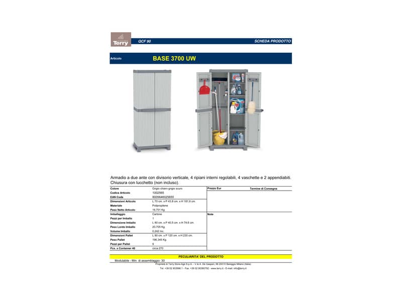 Armadietto a due ante TERRY Wave Base 3700 grigio chiaro grigio scuro 70x43,8x181,8 cm - 1002565