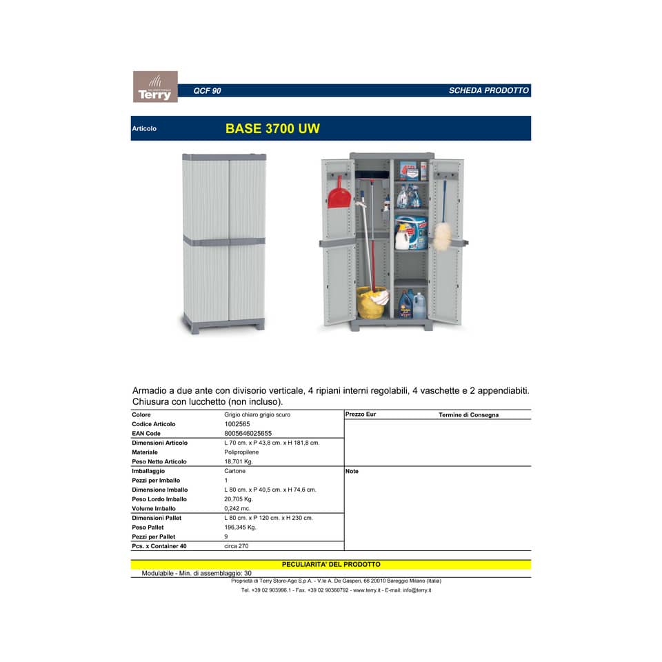 Armadietto a due ante TERRY Wave Base 3700 grigio chiaro grigio scuro 70x43,8x181,8 cm - 1002565