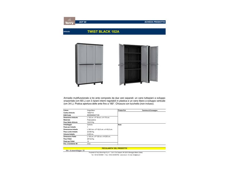 Armadietto a tre ante TERRY Twist Black 102A grigio/nero 102x39x170 cm 1002710