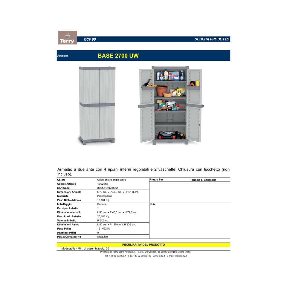 Armadietto a due ante TERRY Wave Base 2700 grigio chiaro grigio scuro 70x43,8x181,8 cm - 1002566