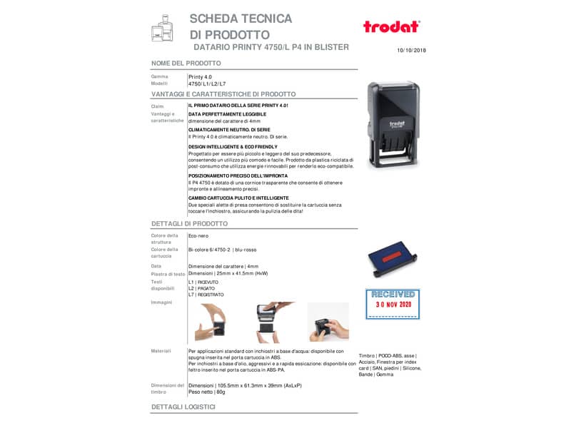 Datario con testo PAGATO TRODAT PRINTY ECO 4750/L2 in plastica 41x24 mm blu-rosso - 141062
