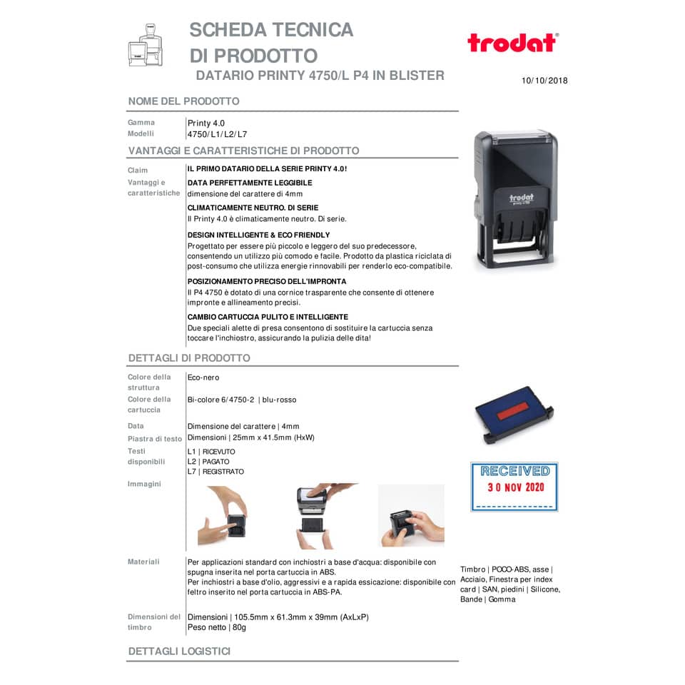 Datario con testo PAGATO TRODAT PRINTY ECO 4750/L2 in plastica 41x24 mm blu-rosso - 141062