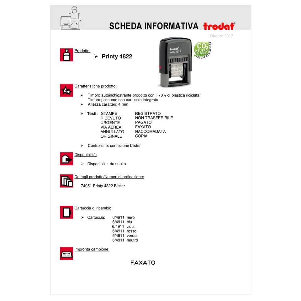 Polinome autoinchiostrante con 12 diciture commerciali TRODAT PRINTY 4822 74051