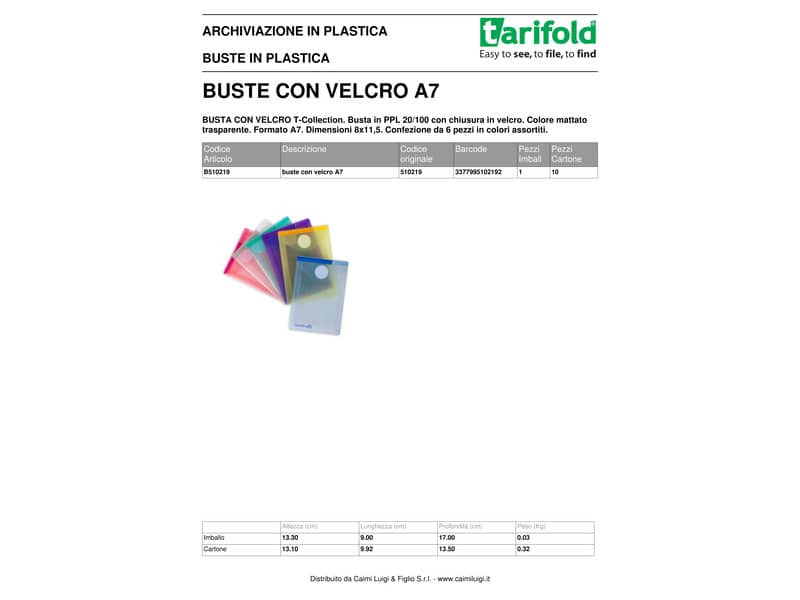 Buste con bottone Tarifold® con chiusura in velcro A7 conf. 6 pz. colori assortiti - 510219