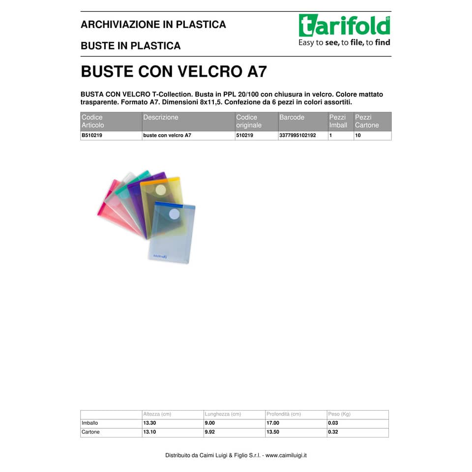 Buste con bottone Tarifold® con chiusura in velcro A7 conf. 6 pz. colori assortiti - 510219
