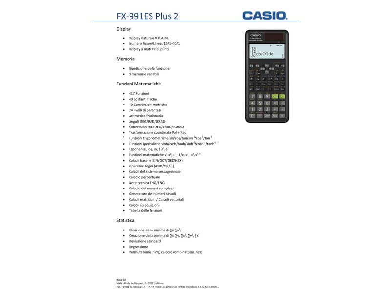 Calcolatrice scientifica CASIO FX-991ES PLUS-2 con 417 funzioni. Ammessa alla Maturità.